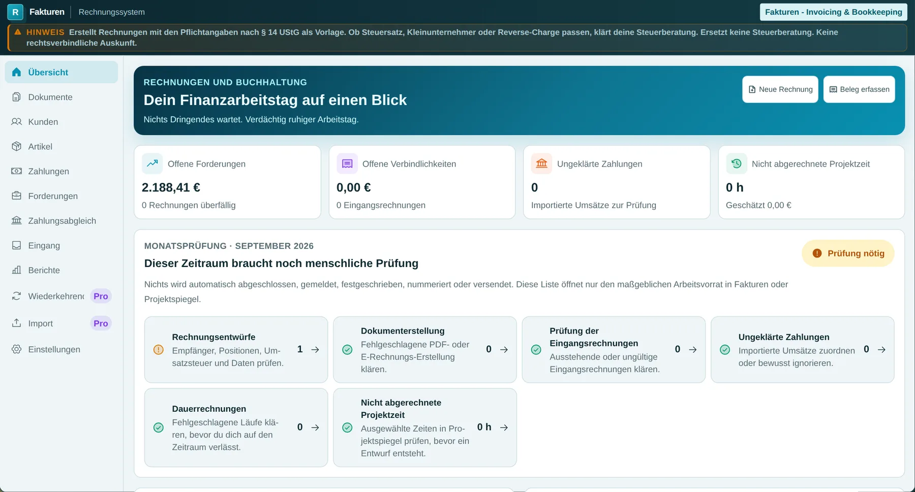 Fakturen: echter Arbeitsbereich mit synthetischen Daten