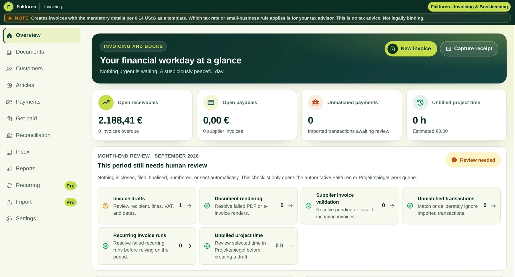 Fakturen: vrai espace de travail avec des données synthétiques